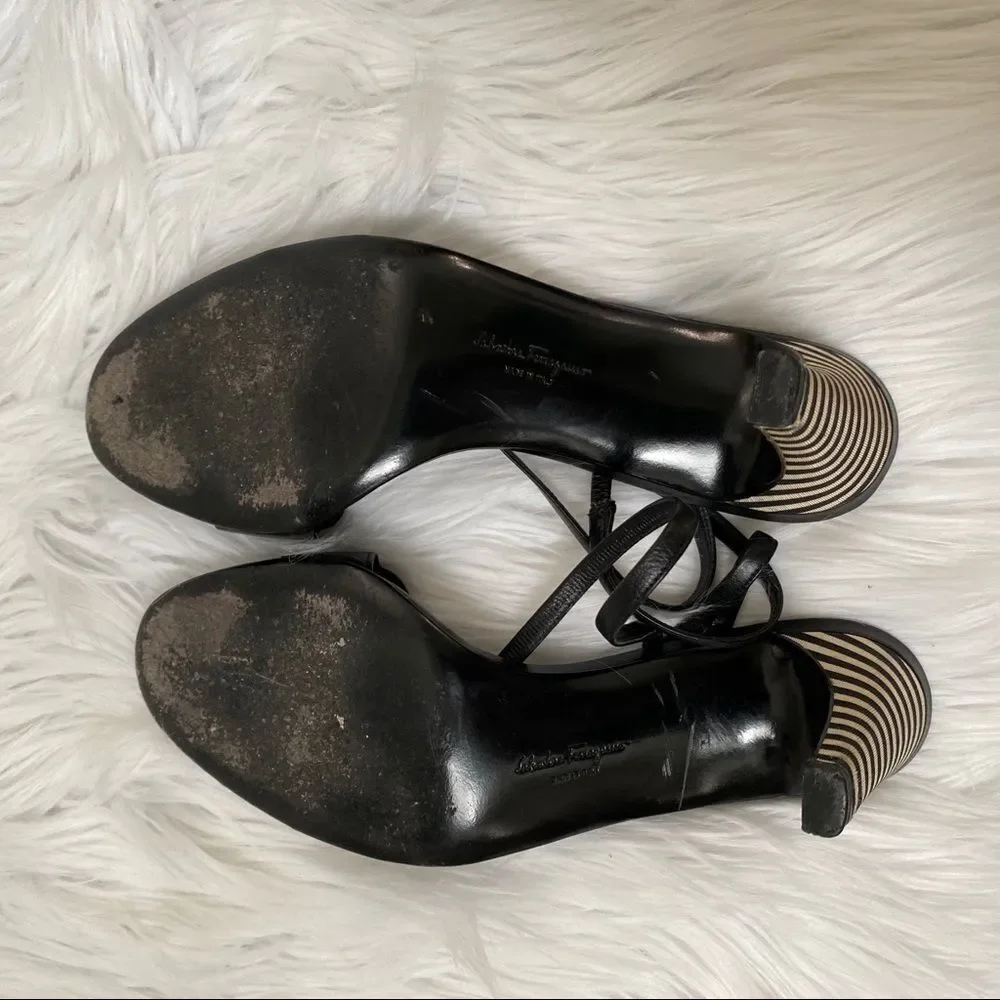 Salvatore Ferragamo black leather slingback striped heels sandal 7.5